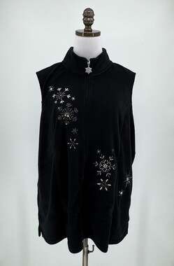 Quacker Factory Blizzard Black Snowflake Embroidered Fleece Zip Vest Sz 1X NEW